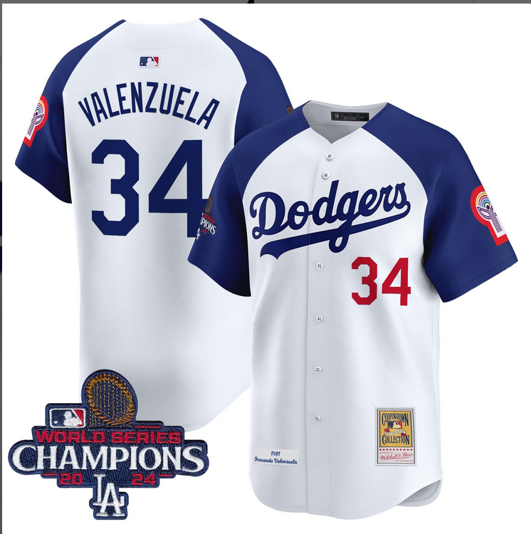 Men MLB Los Angeles Dodgers 34 Valenzuela white 2024 World Series Champions Patch Cooperstown Jersey style 2